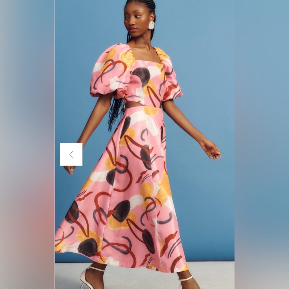 Anthropologie Aureta Studio Printed Puff Sleeve Cutout Dress XS